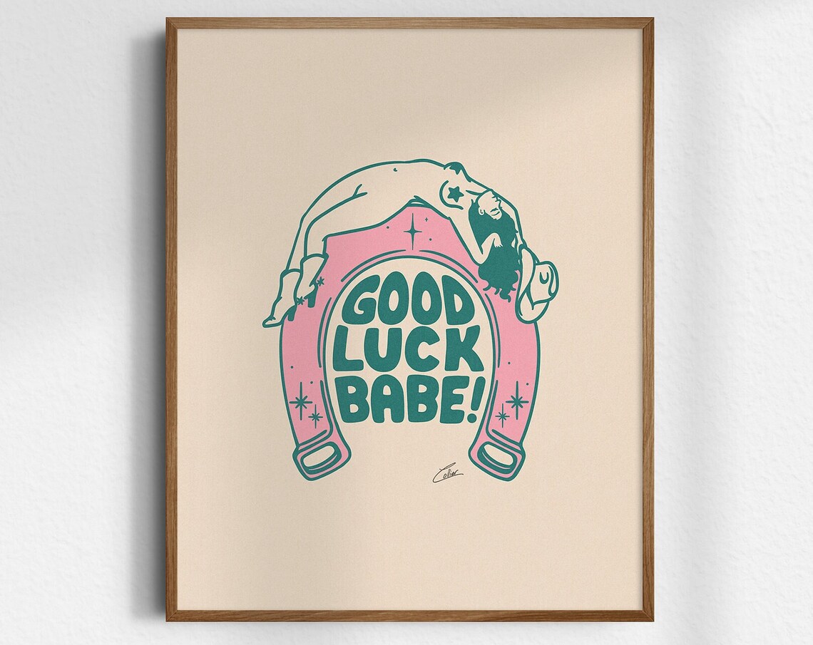 Good Luck Babe Cowgirl Pink Horseshoe Retro Western Art Poster