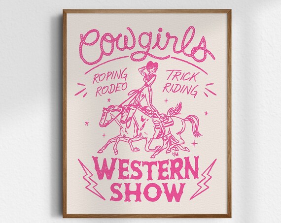 Cowgirls Western Show Roping Rodeo Trick Riding Pink Retro Poster