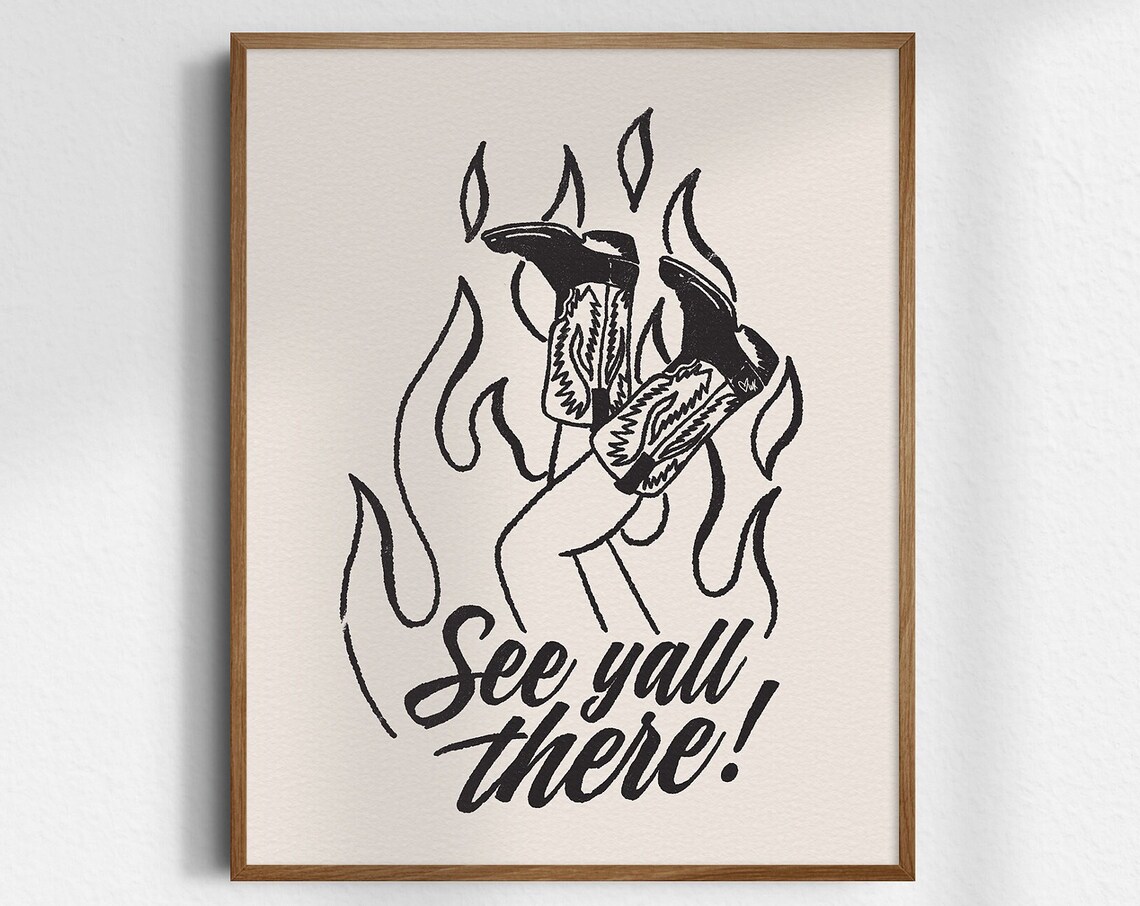 See Yall There Cowboy Boots Black Line Western Script Art Poster