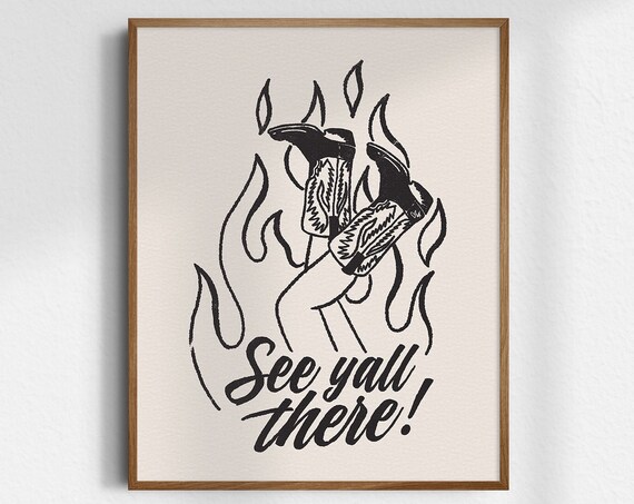 See Yall There Cowboy Boots Black Line Western Script Art Poster