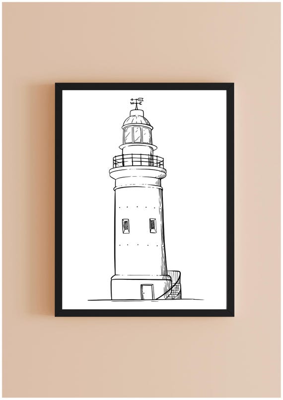 Minimalist Lighthouse Line Art Print Coastal Black And White Decor