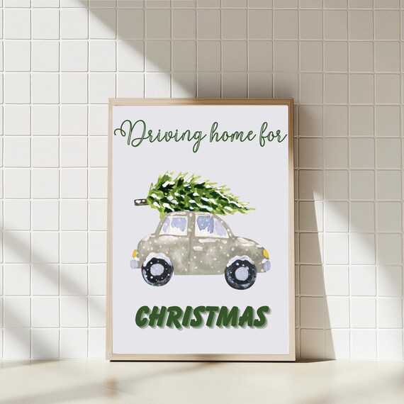 Sweet Driving Home For Christmas Watercolor Car And Tree Wall Art