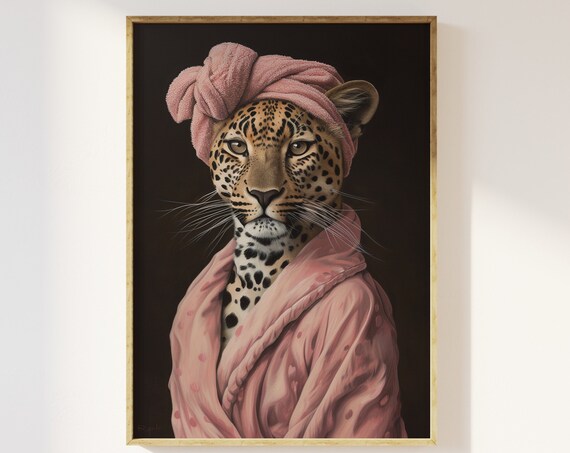 Female Leopard in Bathrobe, Bathroom Wall Art Print