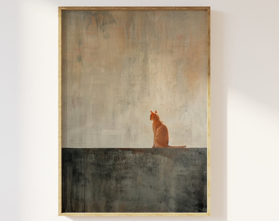 Minimalist Abstract Cat Art Print, Vintage Retro Style