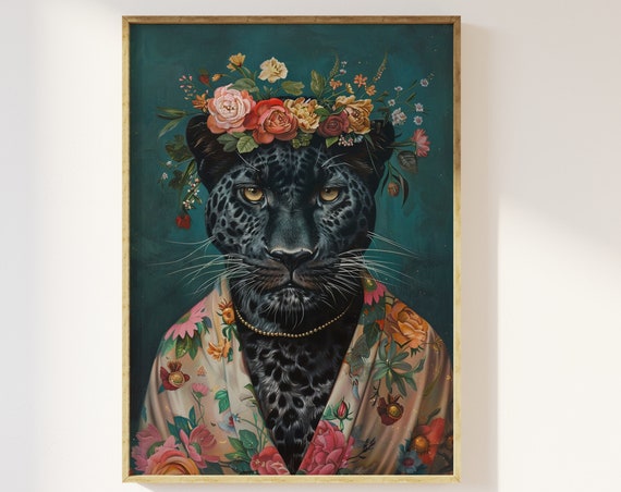 Black Panther With Flower Crown, Maximalist Portrait