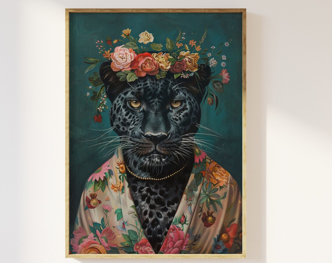 Black Panther With Flower Crown, Maximalist Portrait