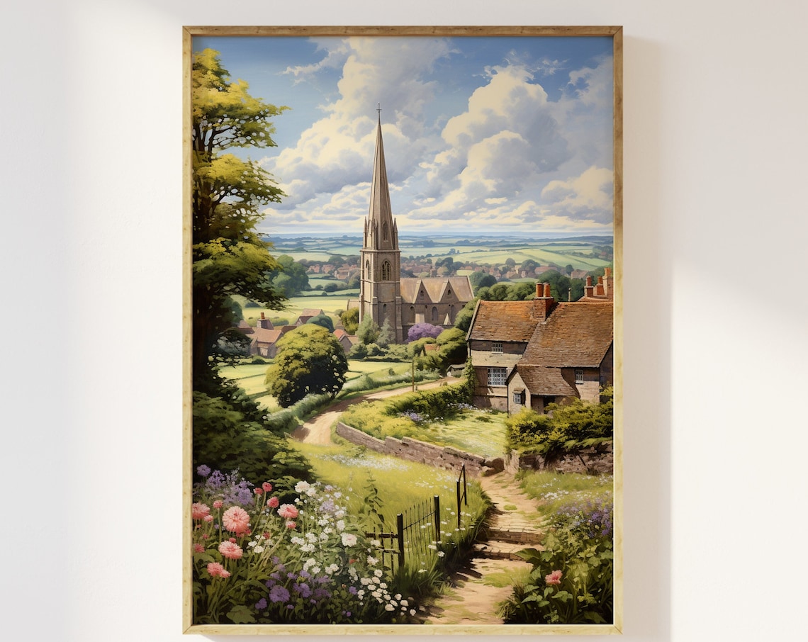 English Countryside Village Scene Art Print, Vintage