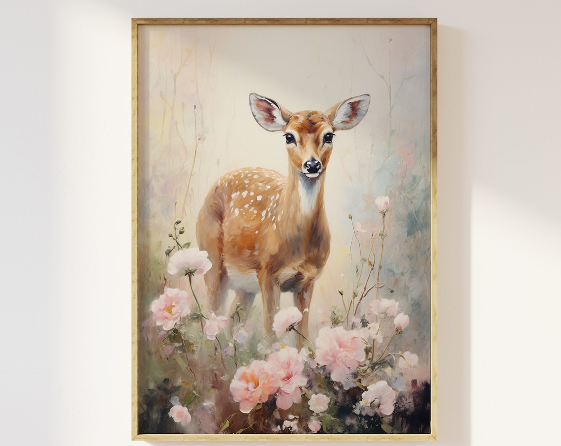 Deer in Flowers Romanticism Oil Painting Style Print
