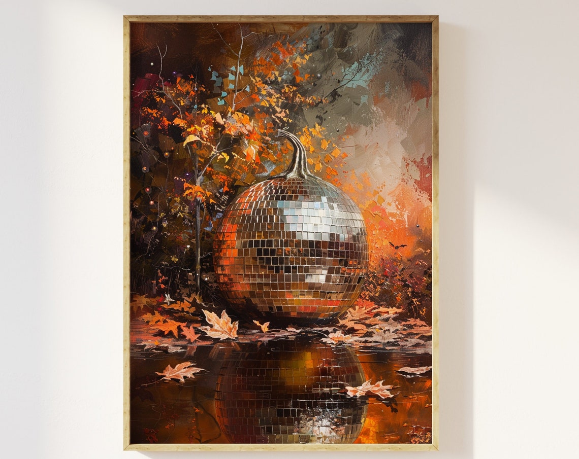 Glittering Disco Ball Pumpkin Among Autumn Leaves Fall Wall Art