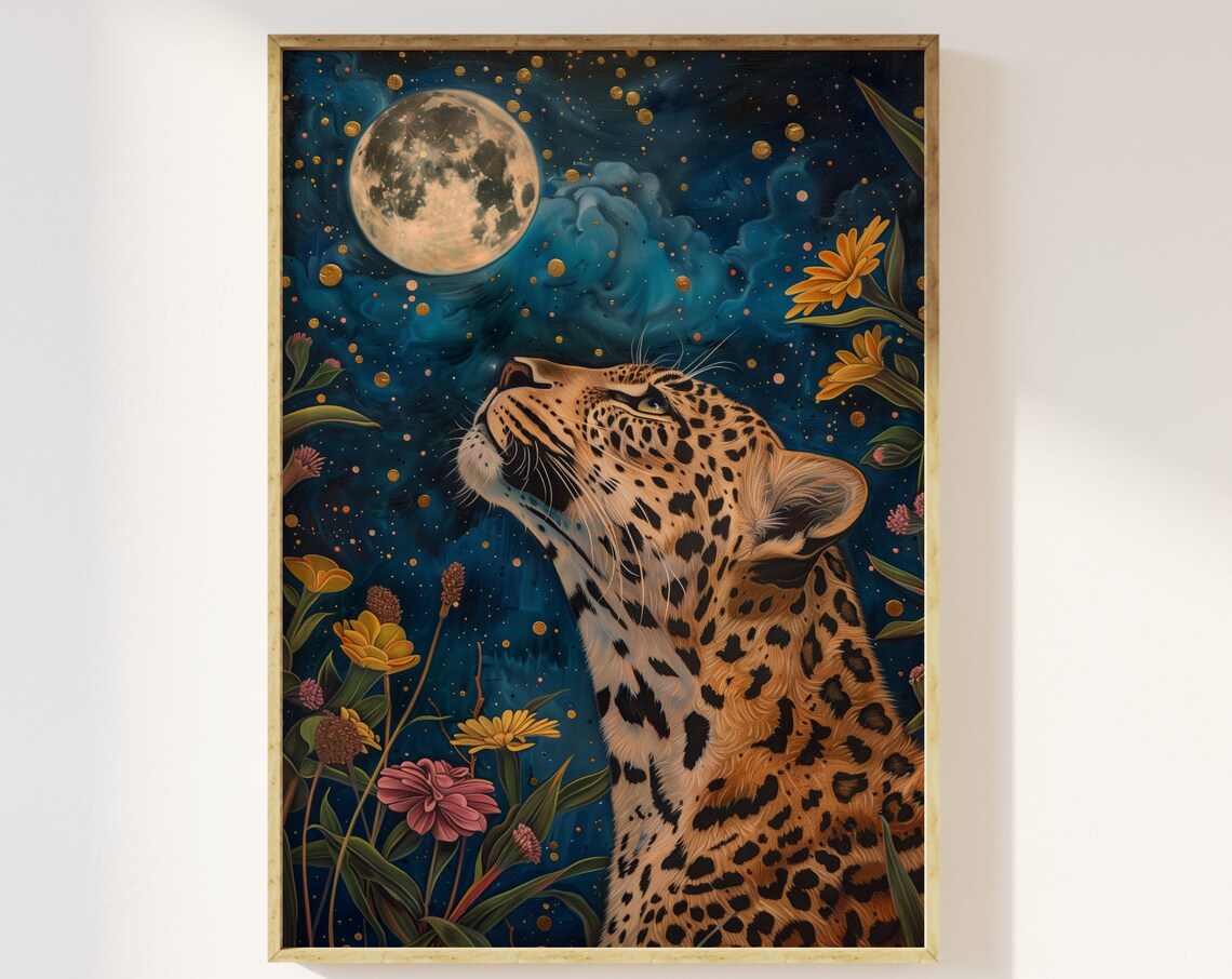 Leopard In The Wildflowers Gazing At The Full Moon Art Print