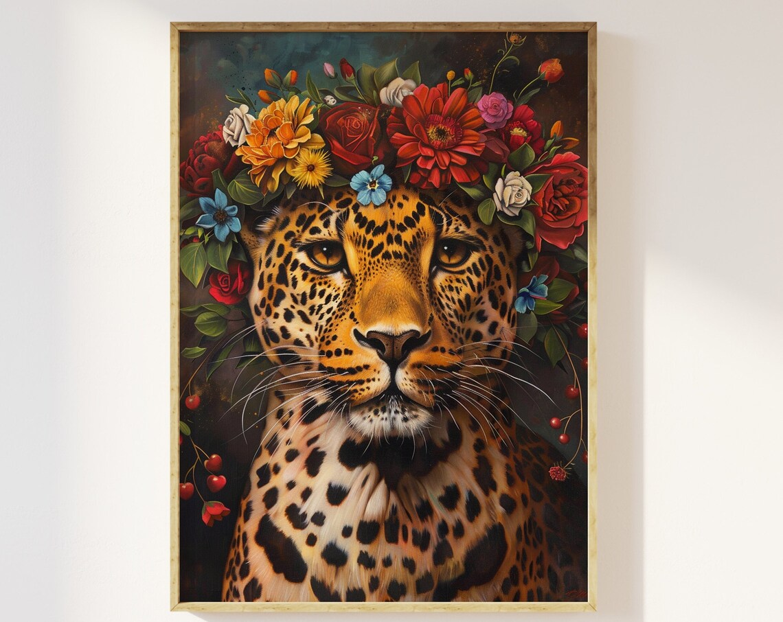 Maximalist Leopard With Flower Crown Art Print