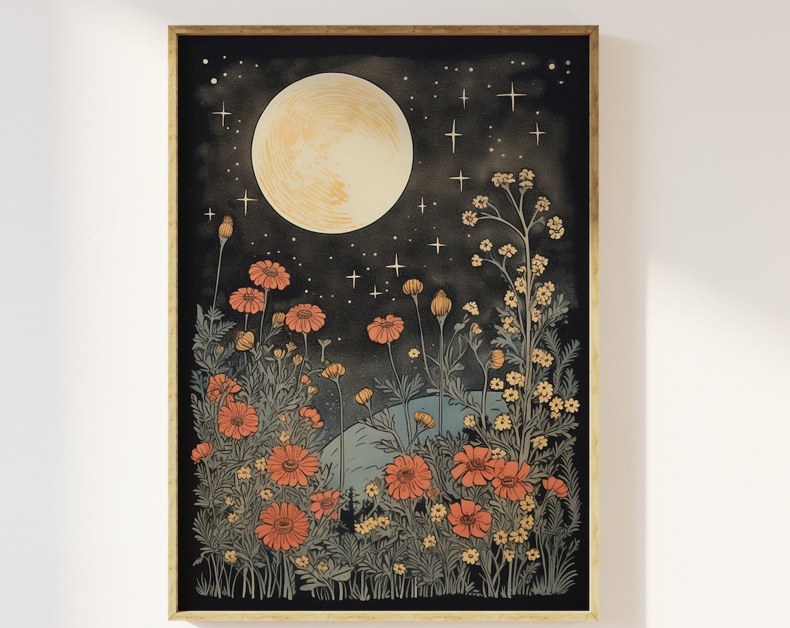 Moon and Flowers Vintage Block Print Art Print