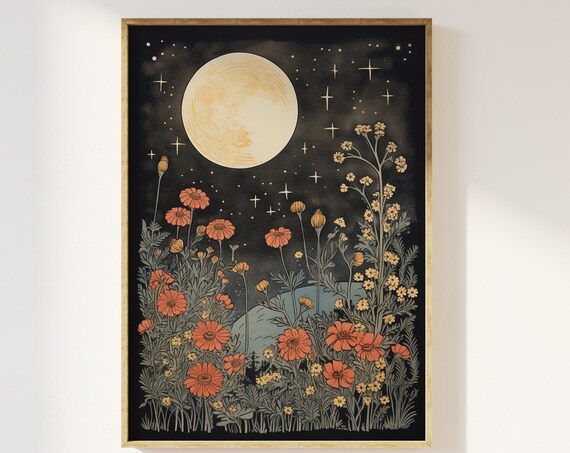 Moon and Flowers Vintage Block Print Art Print