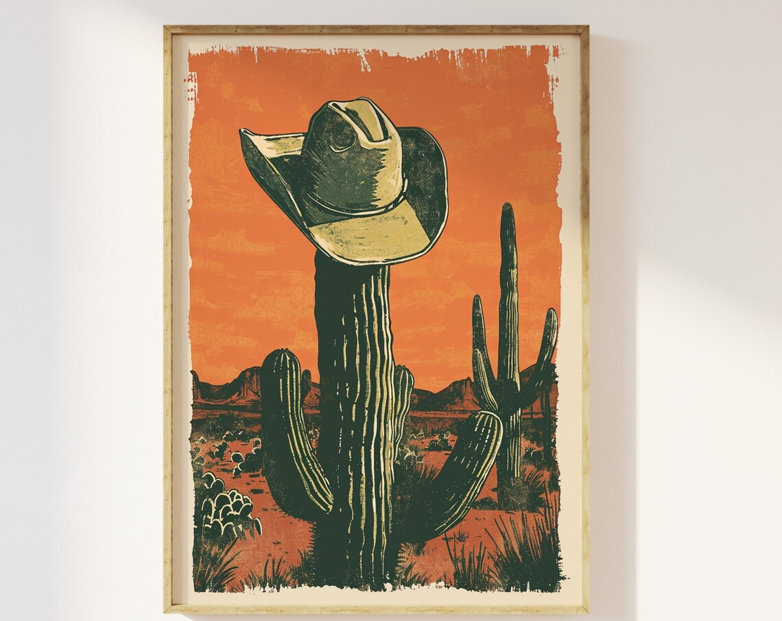 Cactus And Cowboy Hat Retro Western Art Print
