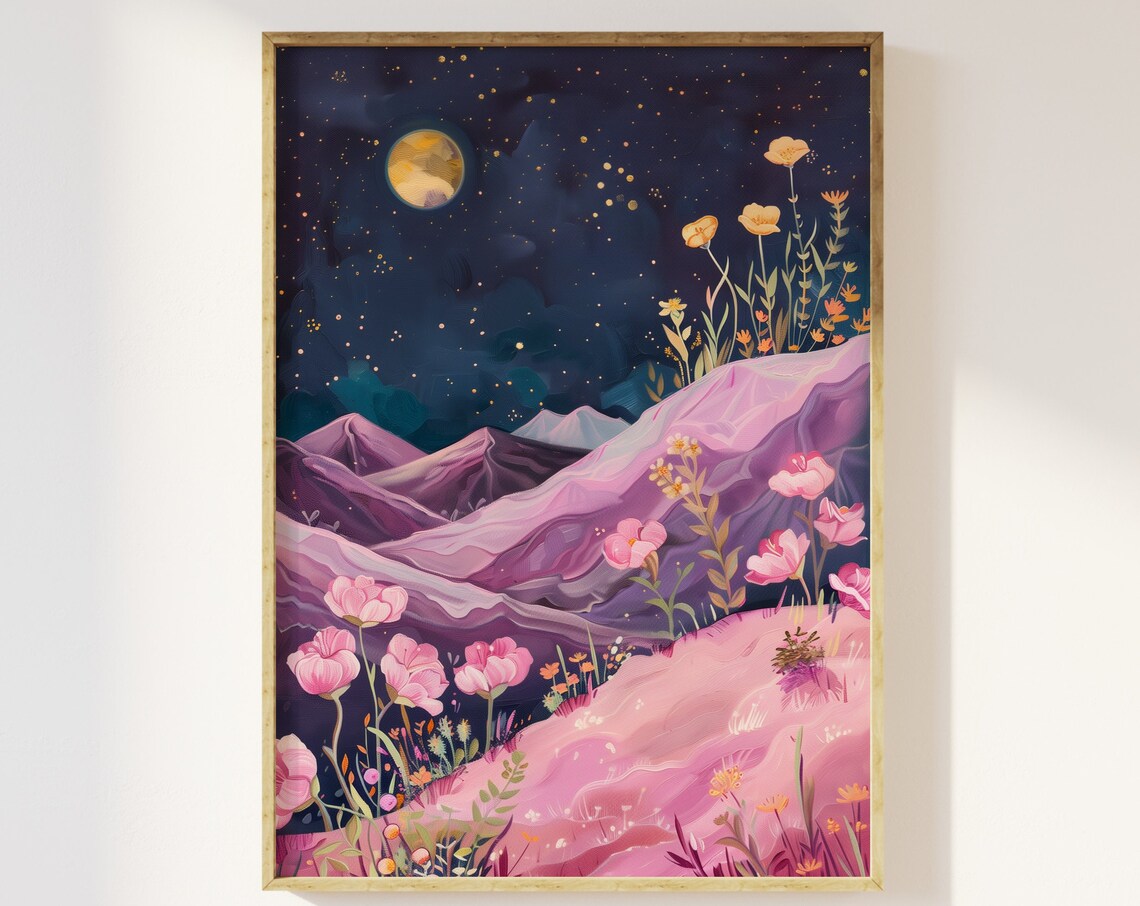 Moon Above The Mountains And Flowers Art Print, Celestial