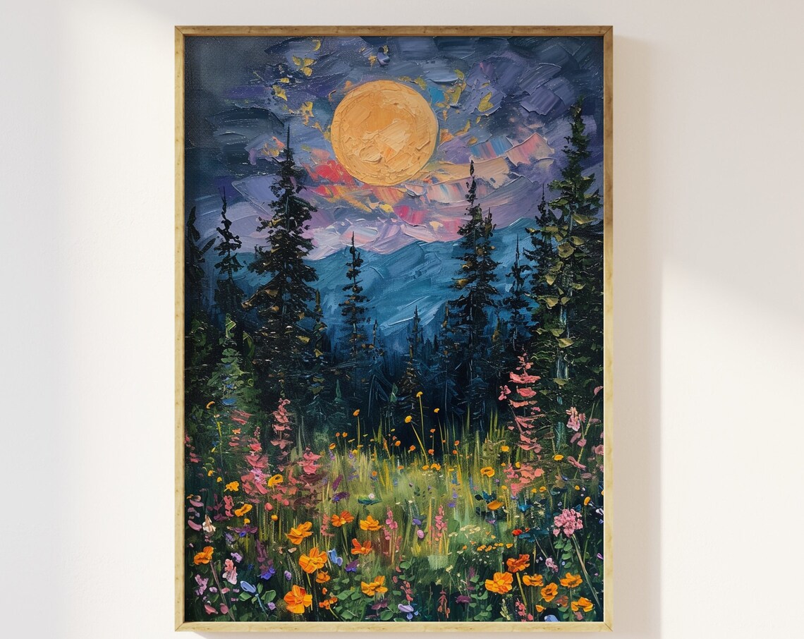 Moon Above Wildflowers and Woodland Art Print