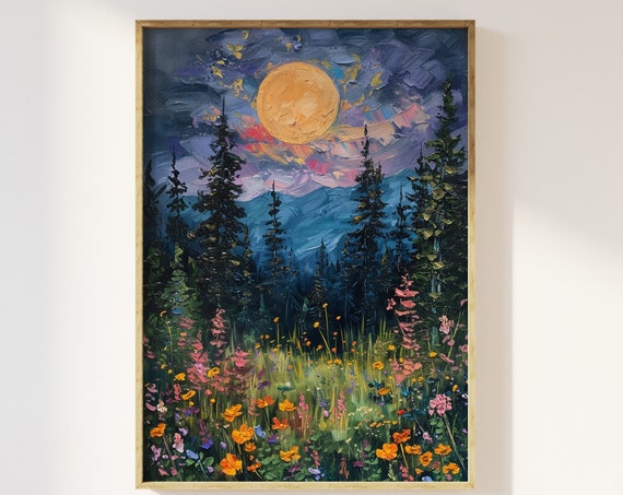 Moon Above Wildflowers and Woodland Art Print