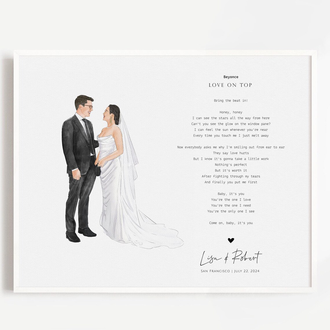 Custom Lyrics Wedding Portrait Print Beyonce Love on Top Anniversary Gift
