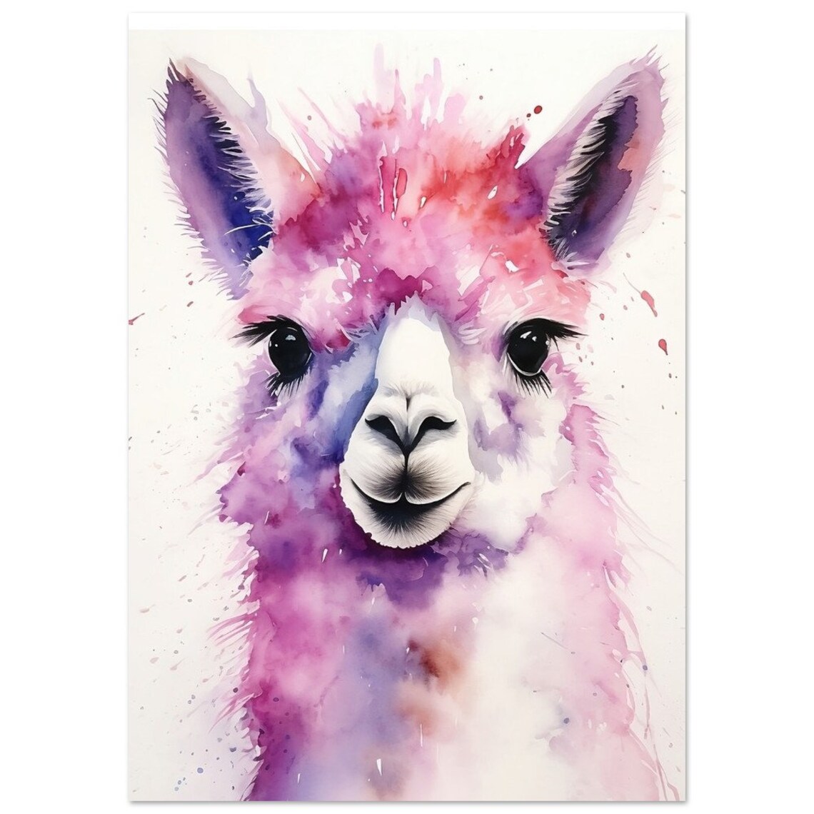 Pink Llama Watercolour Portrait Purple Splash Cute Animal Art Poster - Image 2