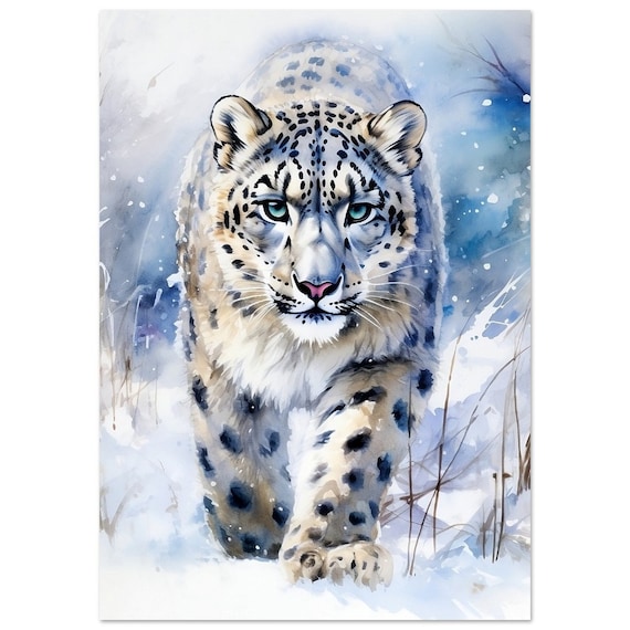 Elusive Snow Leopard Walking Snow Watercolour Wild Cat Art Poster