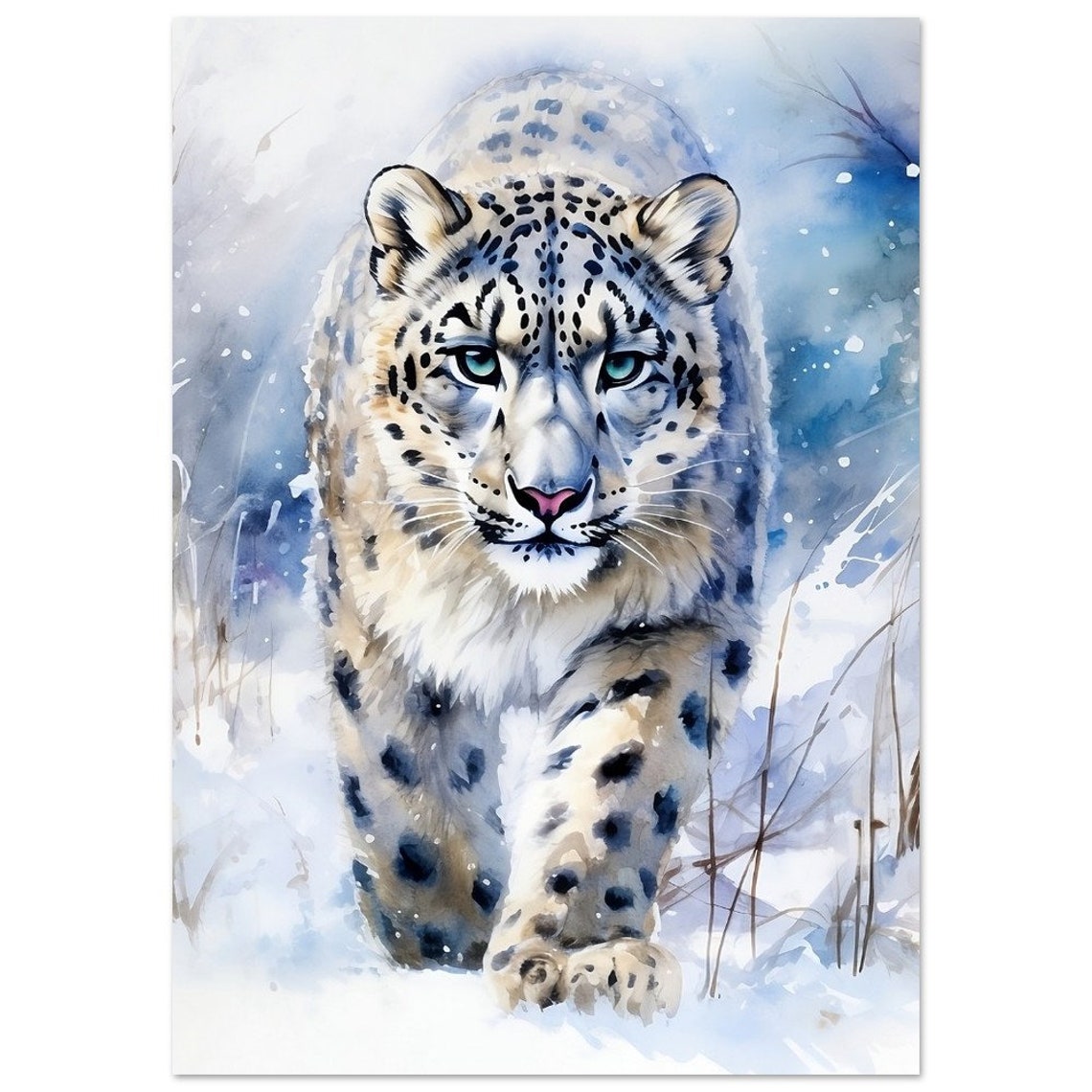 Elusive Snow Leopard Walking Snow Watercolour Wild Cat Art Poster