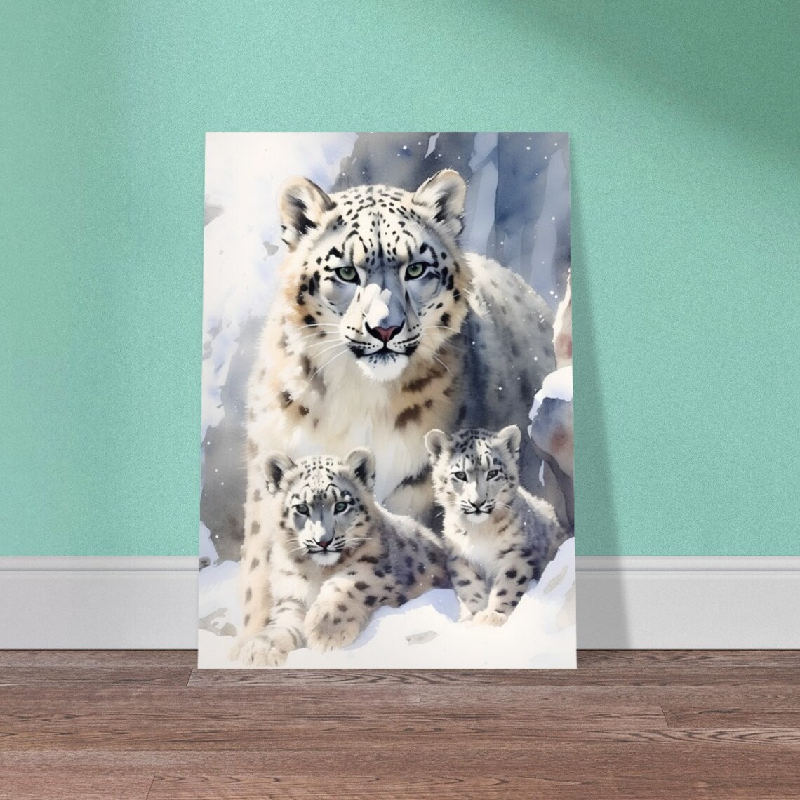 Snow Leopard Mother With Two Cubs In The Snow Watercolour Poster - Image 4