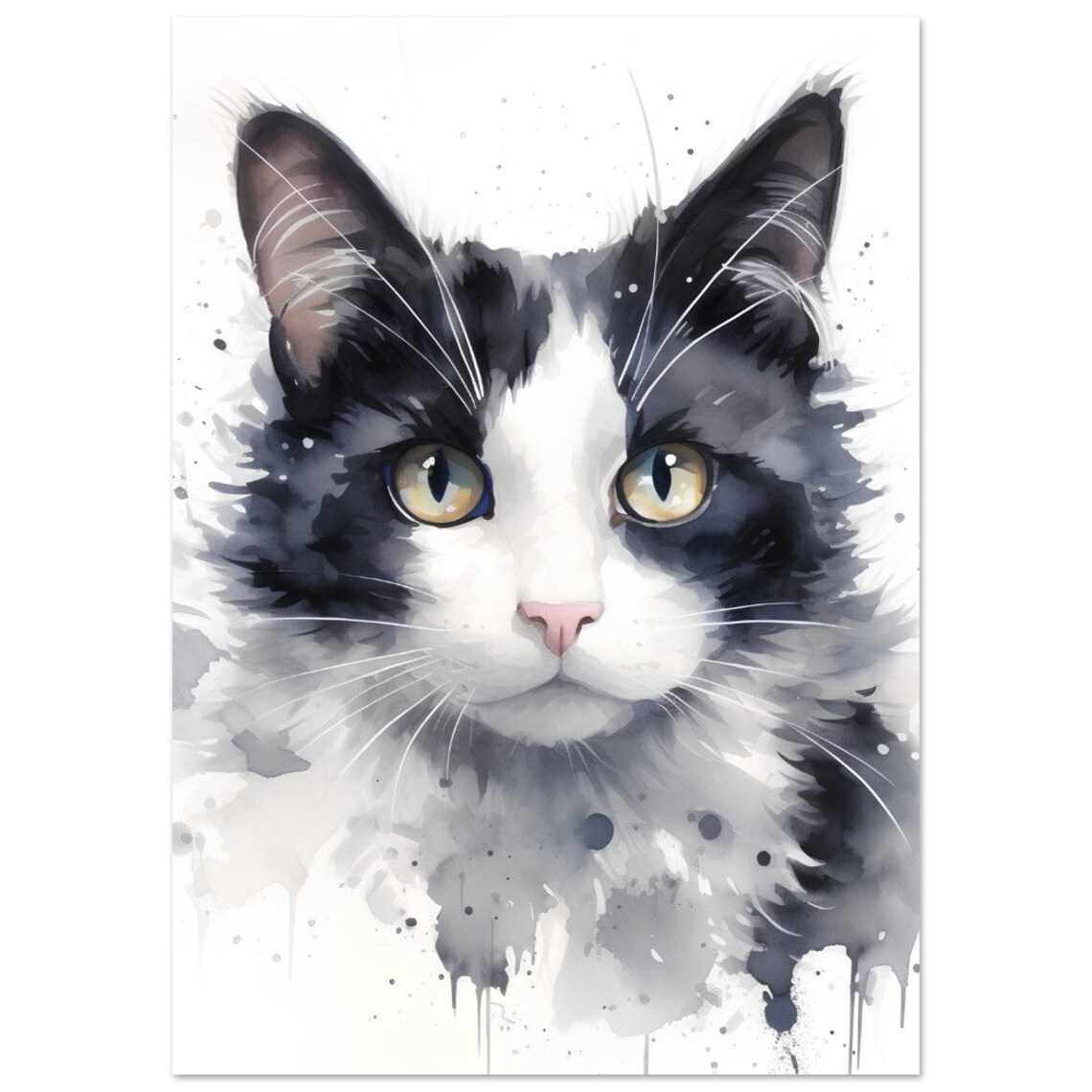 Cat Watercolour Painting Poster, Black And White