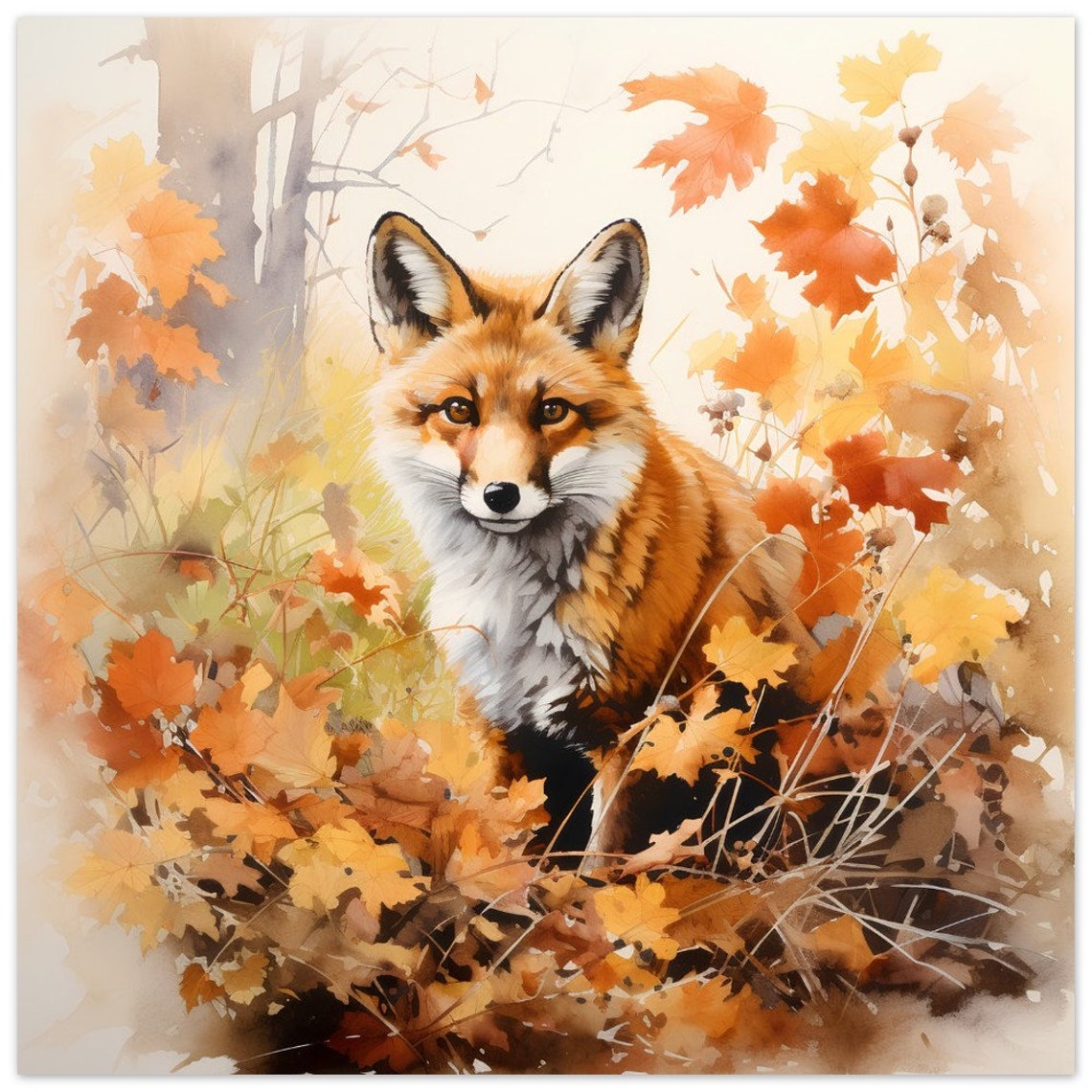 Red Fox Autumn Leaves Watercolour Painting Woodland Art Poster