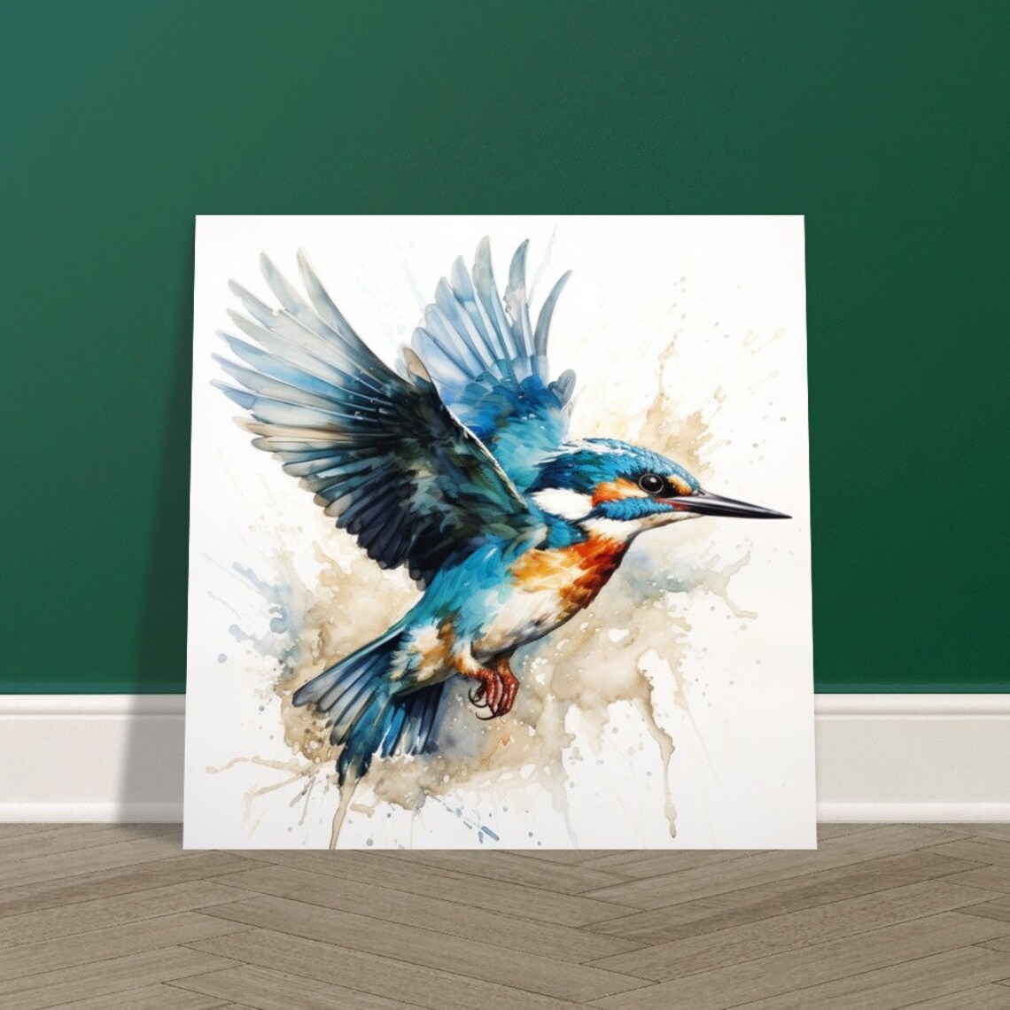 Vibrant Kingfisher in Flight Watercolour Electric Blue Bird Art Poster - Image 2