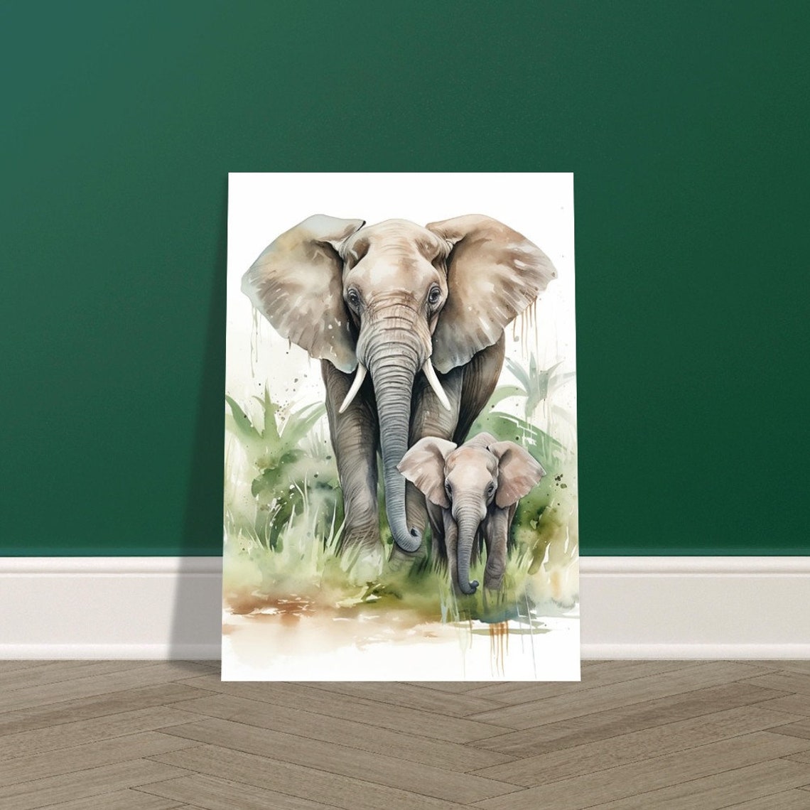 Mother Elephant And Baby Walking Together Watercolour Wildlife Poster - Image 3