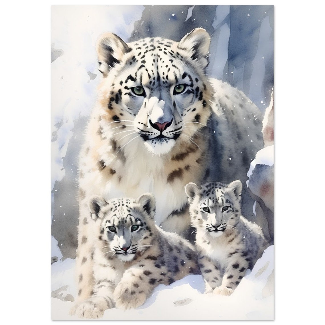 Snow Leopard Mother With Two Cubs In The Snow Watercolour Poster