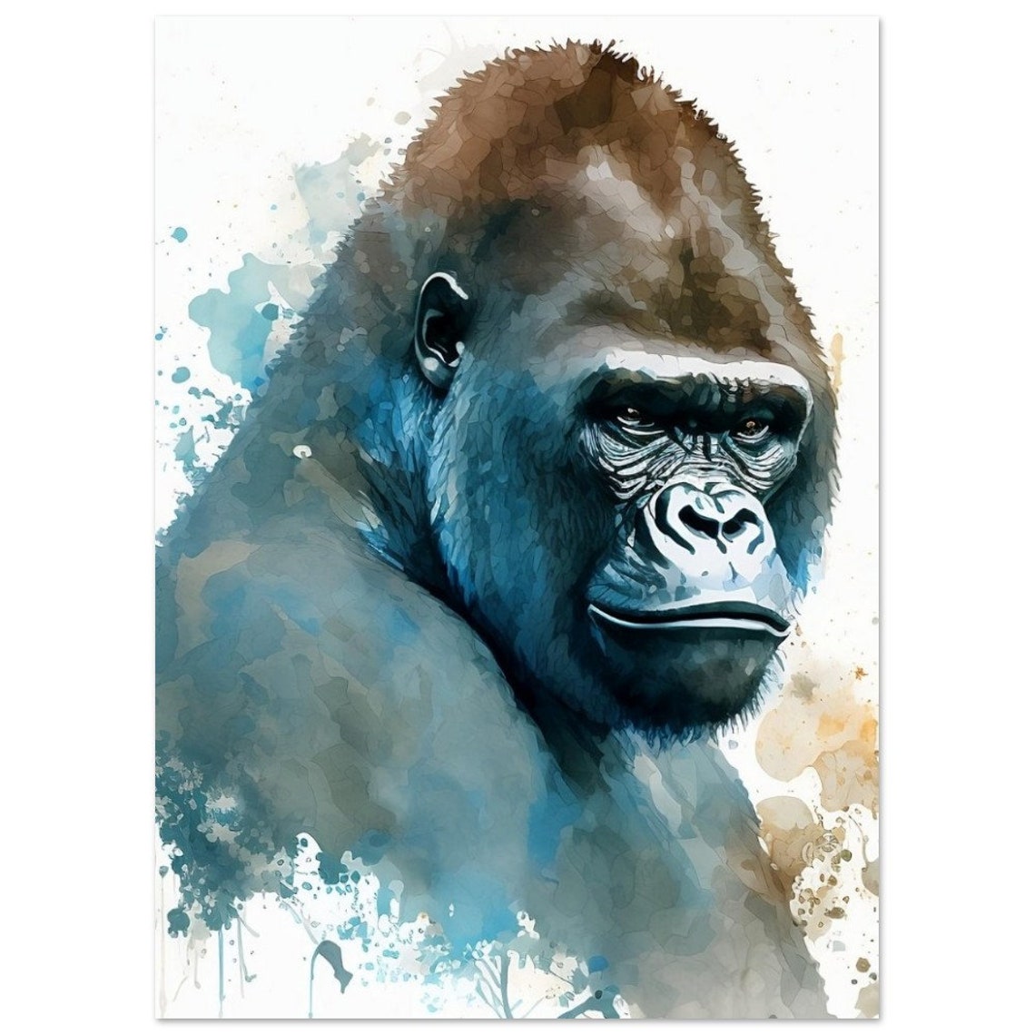 Majestic Gorilla Blue Tones Watercolour Wildlife Portrait Art Poster