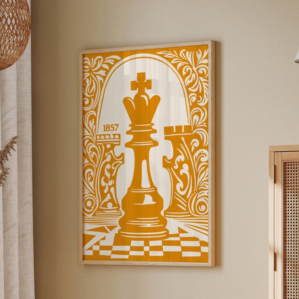 1857 Mustard Yellow Chess King and Rooks Vintage Game Poster