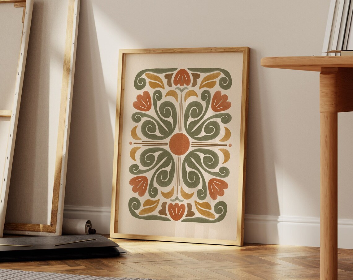 Earth Tones Modern Boho Wall Art with Symmetrical Sage Green Pattern