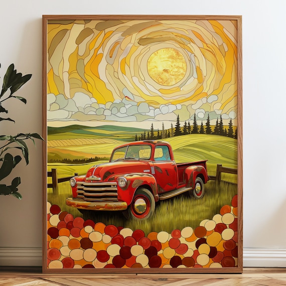 Vintage Red Truck Art Print, Sunset Landscape