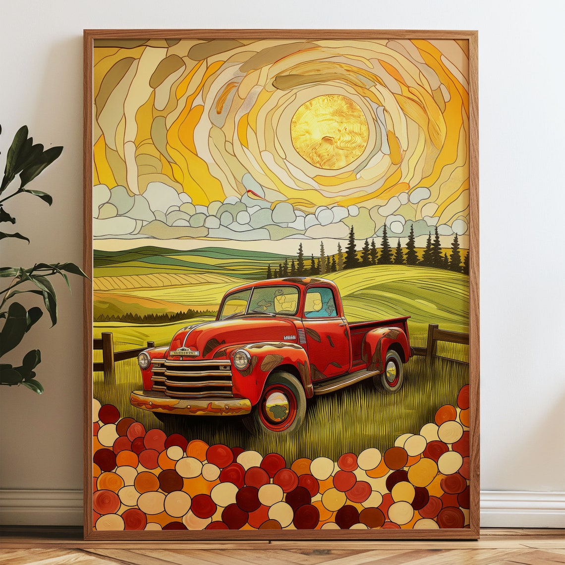 Vintage Red Truck Art Print, Sunset Landscape