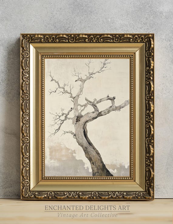 Vintage Dead Tree Painting Wall Art Minimalist Neutral Decor Ukyioe Print
