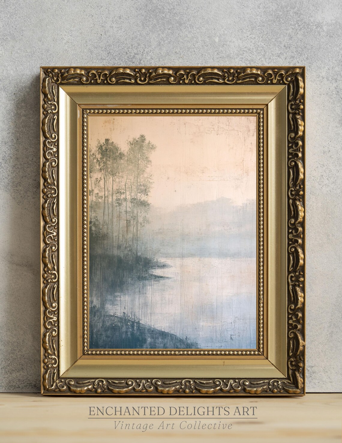 Scratched Antique Lakeside Trees Faded Neutral Vintage Art Poster
