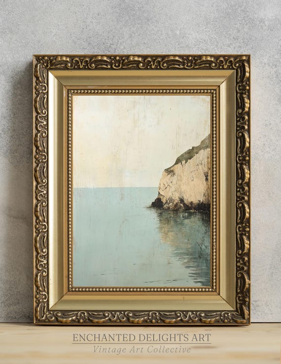Antique Minimalist British Coast Painting Wall Art Vintage Home Decor Neutral Rustic Seascape Landscape Print