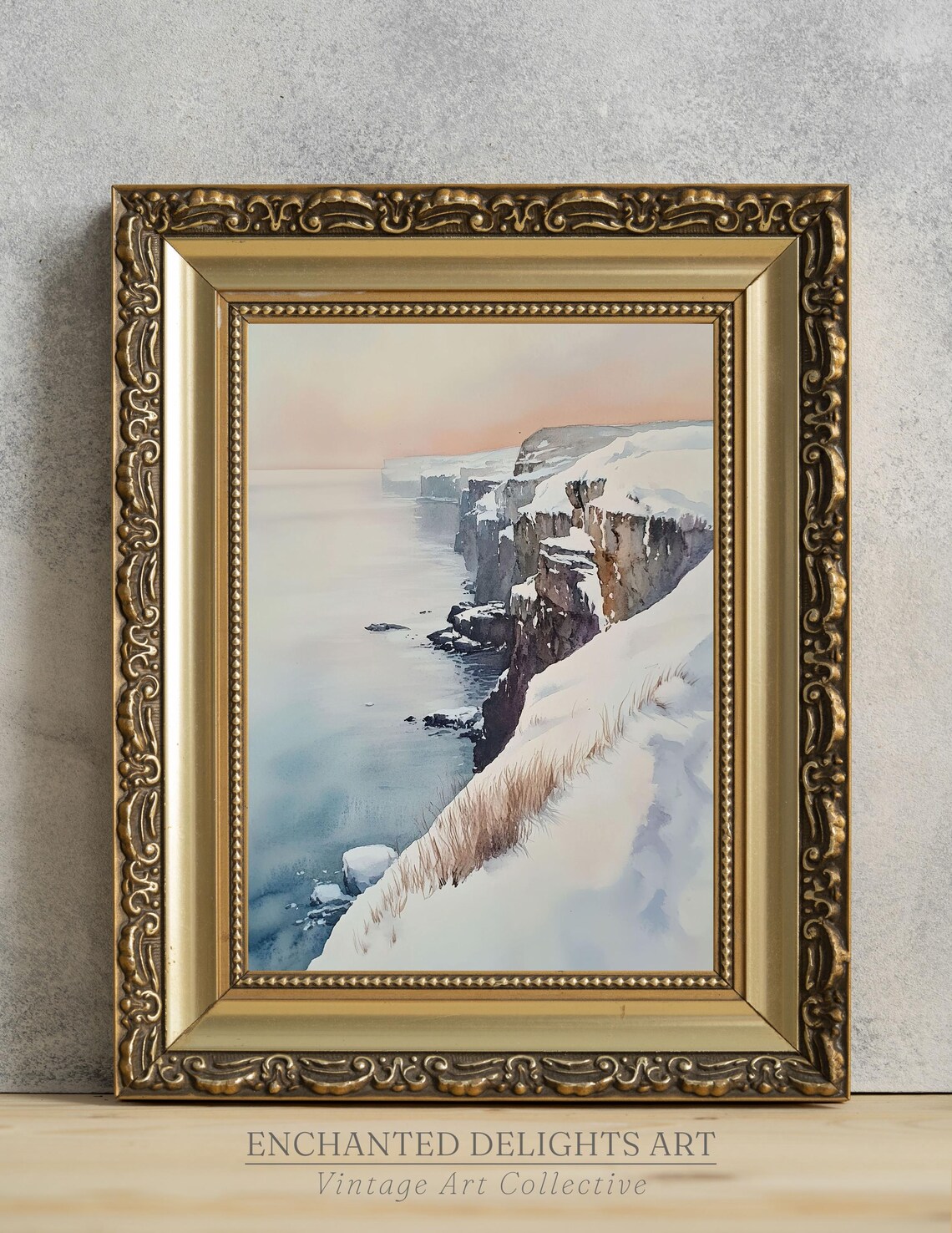Snow Covered Cliffs Winter Coastal Calm Sea Watercolor Art Poster