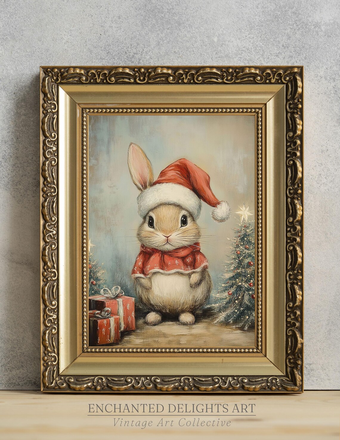 Cute Vintage Christmas Bunny Santa Hat Gifts Holiday Painting Poster