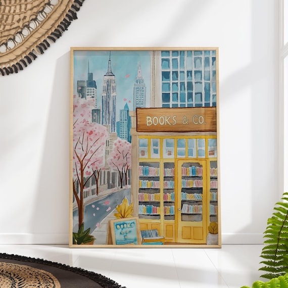 Cozy Bookstore Watercolor Poster NYC Books and Co Skyline Cherry Blossom Art