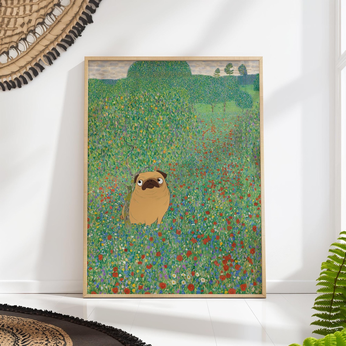 Pug Dog In Wildflower Meadow Klimt Style Whimsical Animal Art Poster