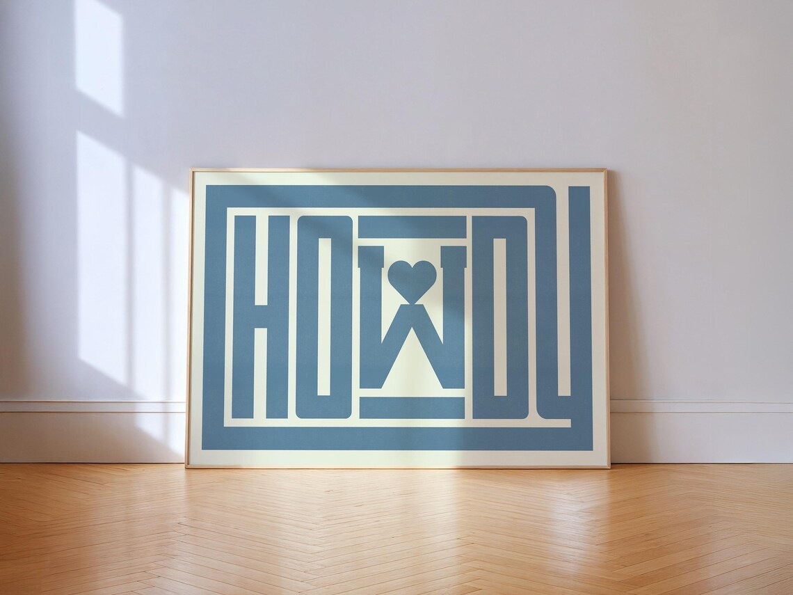 Howdy Print, Blue Heart Farmhouse Western Poster