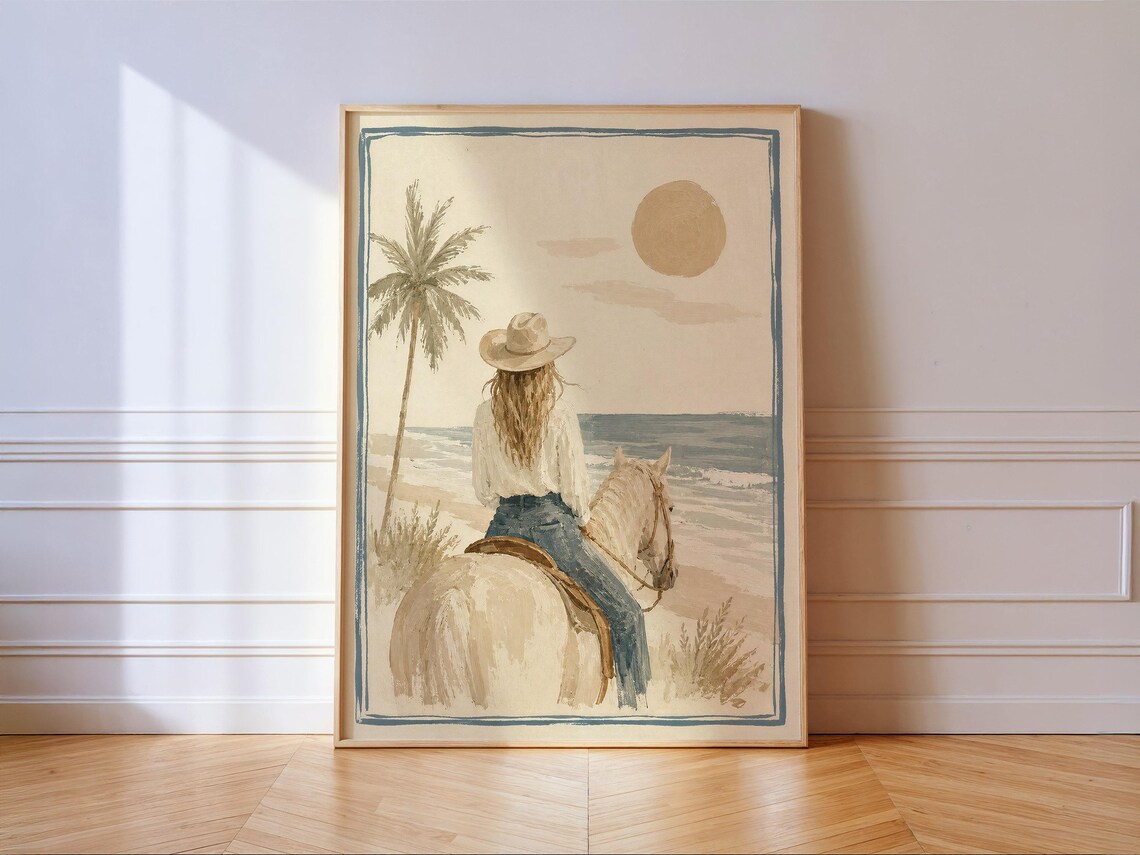 Coastal Cowgirl Riding Horse On Beach Sunset Watercolor Poster