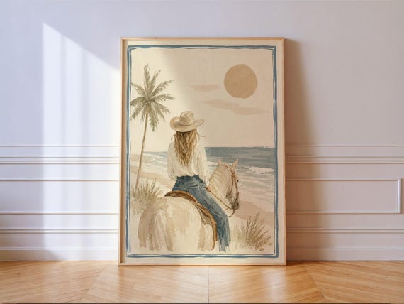 Coastal Cowgirl Print Woman Riding Horse On Beach Vintage Western Boho Wall Art Decor