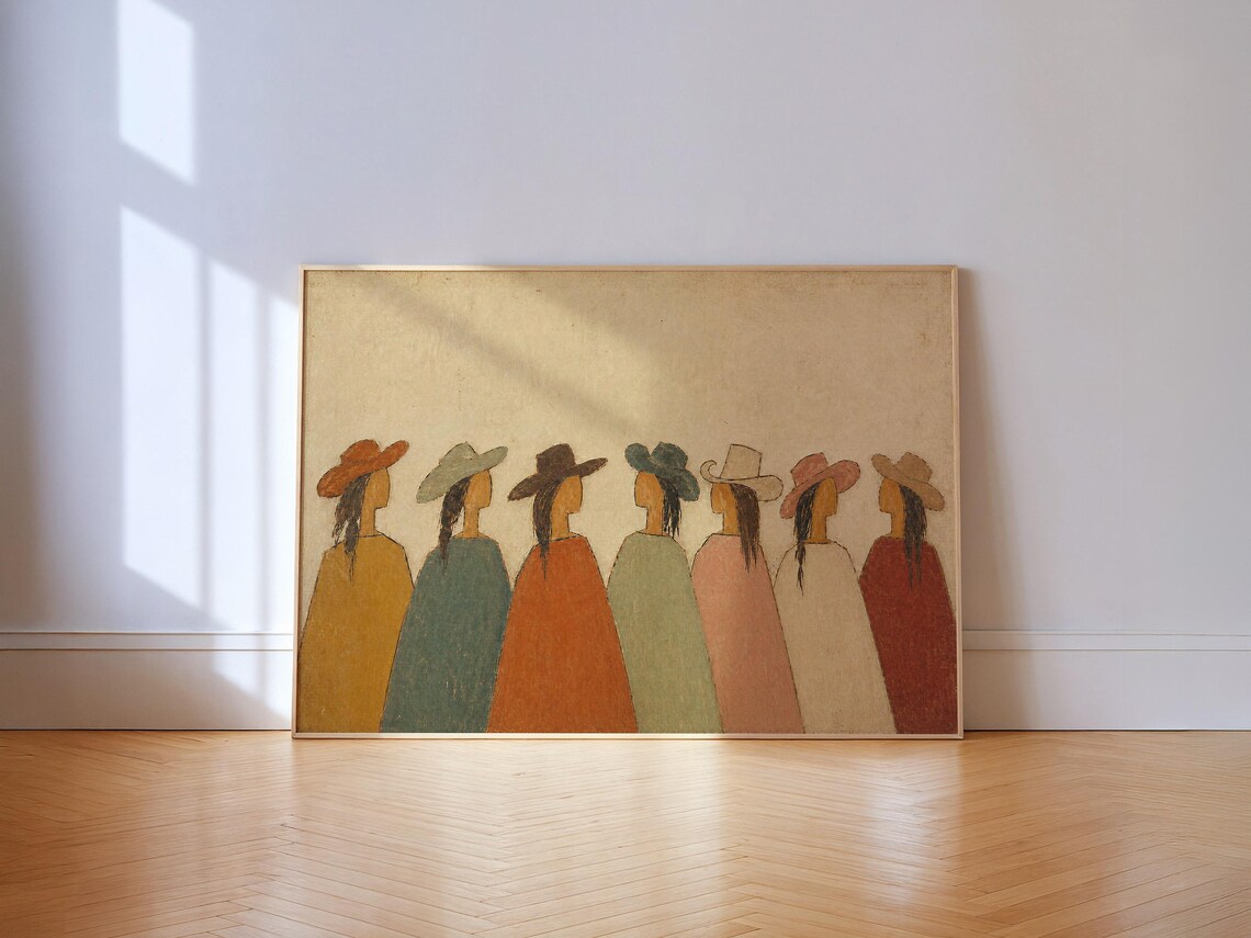Seven Cowgirls In Colorful Hats Muted Western Folk Art Poster