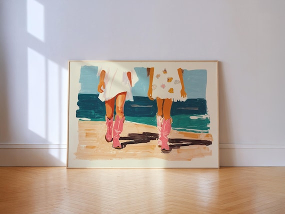 Coastal Cowgirl Pink Cowboy Boots Beach Stroll Painterly Style Art Print
