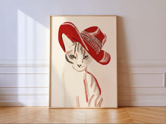 White Cat In Red Cowgirl Hat Wall Art Western Kitty Painting Trendy Animal