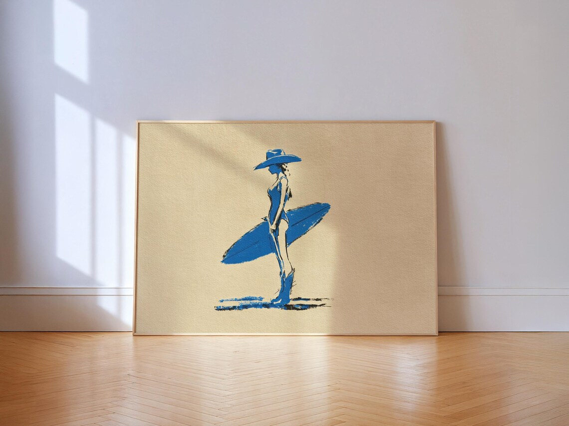 Coastal Cowgirl Surfer Girl With Blue Surfboard Art Print